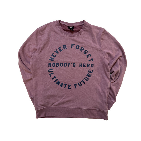 H&M Sweatshirt Women Medium Purple Crewneck Graphic Slogan Never Forget Oversize - Picture 1 of 6